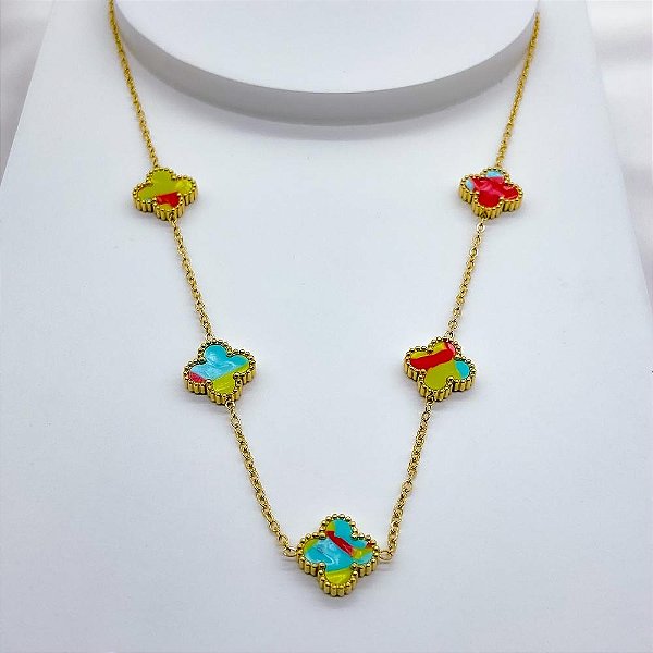 COLAR  AÇO INOX TREVO COLORIDO - DOURADO