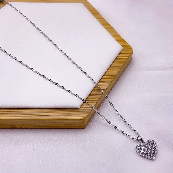 COLAR AÇO INOXIDÁVEL 45CM PINGENTE CORAÇÃO CRISTAL - PRATEADO