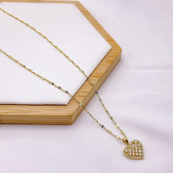 COLAR AÇO INOXIDÁVEL 45CM PINGENTE CORAÇÃO CRISTAL - DOURADO