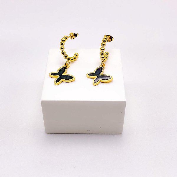 BRINCO  AÇO INOXIDÁVEL MEIA ARGOLA BOLINHAS PINGENTE BORBOLETA PRETA - DOURADO
