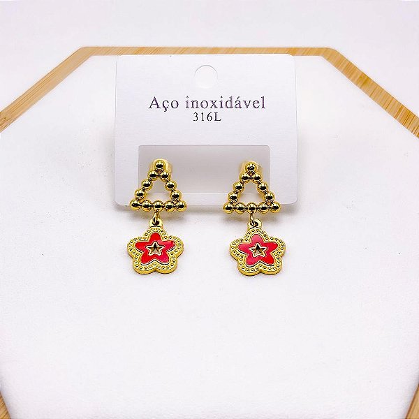 BRINCO  AÇO INOXIDÁVEL LOSANGO BOLINHAS PINGENTE TREVO VERMELHO - DOURADO