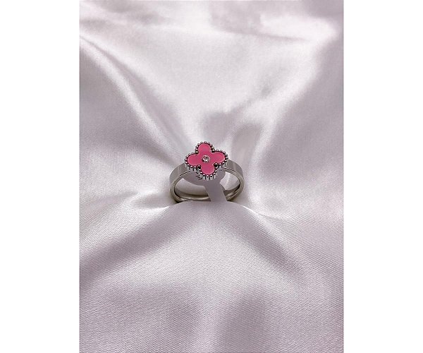 ANEL AÇO INOXIDÁVEL TREVO COM PONTO DE LUZ PRATEADO - ROSA