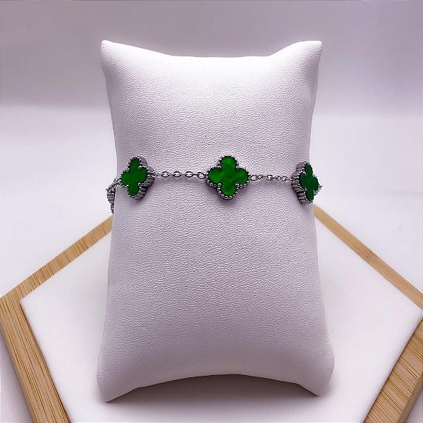 PULSEIRA AÇO INOX PRATEADA - TREVO VERDE