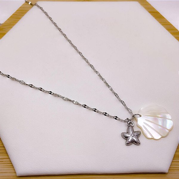 COLAR AÇO INOXIDÁVEL 45CM  CONCHA PEROLADA PRATEADO - ESTRELA DO MAR