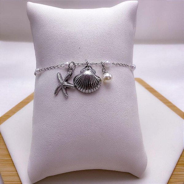 PULSEIRA  AÇO INOX PÉROLAS PINGENTE CONCHA E ESTRELA DO MAR - PRATEADA
