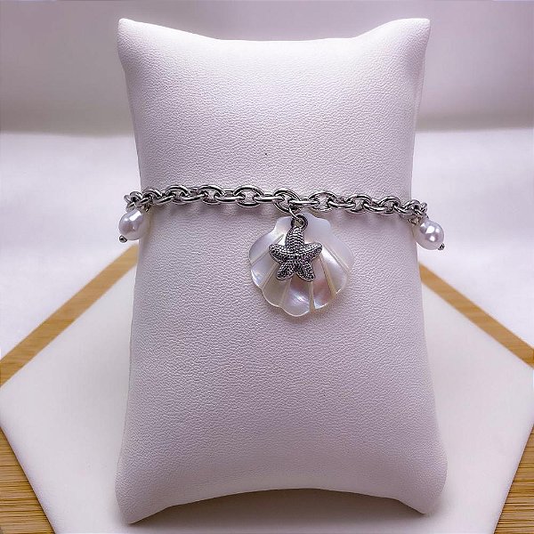 PULSEIRA  AÇO INOX PINGENTE CONCHA PEROLADA E PÉROLAS PRATEADA - ESTRELA DO MAR