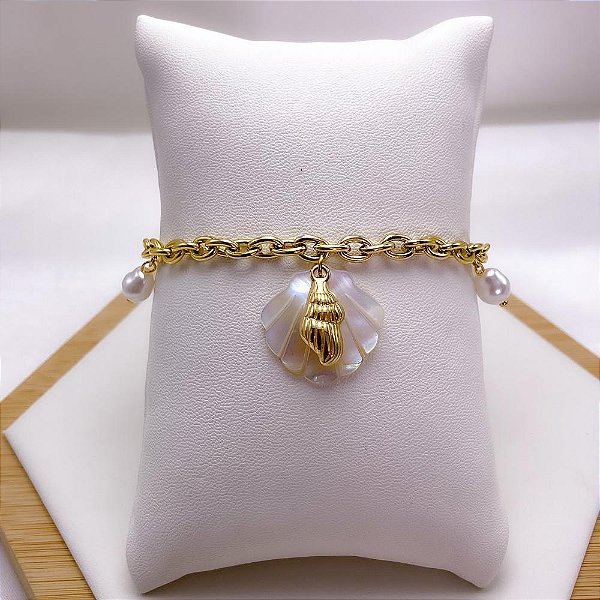 PULSEIRA  AÇO INOX PINGENTE CONCHA PEROLADA E PÉROLAS DOURADA - CONCHA