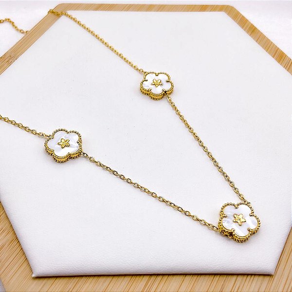 COLAR AÇO INOXIDÁVEL 45CM  TREVO PEROLADO - DOURADO