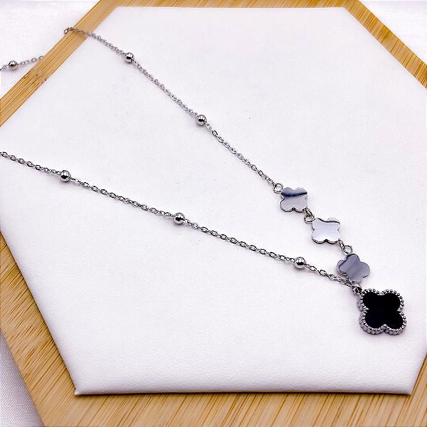 COLAR AÇO INOXIDÁVEL 45CM  BOLINHAS TREVO PRETO - PRATEADO