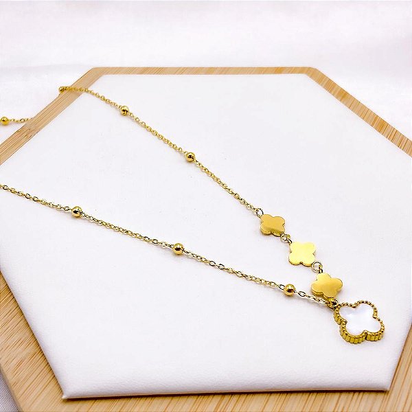 COLAR AÇO INOXIDÁVEL 45CM  BOLINHAS TREVO PEROLADO - DOURADO