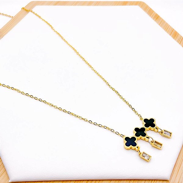 COLAR AÇO INOXIDÁVEL 45CM  TREVO PRETO - DOURADO
