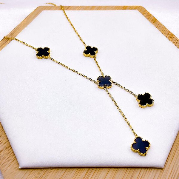 COLAR AÇO INOXIDÁVEL 45CM  ESTILO GRAVATINHA TREVO PRETO - DOURADO