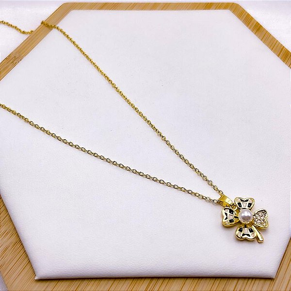 COLAR AÇO INOXIDÁVEL 45CM  PINGENTE FLOR COM PÉROLA - DOURADO