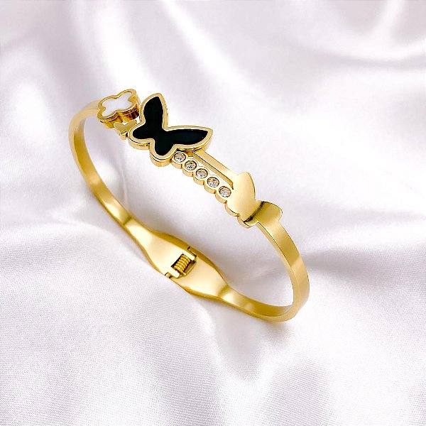 BRACELETE AÇO INOXIDÁVEL BORBOLETA PRETA TREVO PEROLADO PEDRA CRISTAL- DOURADO