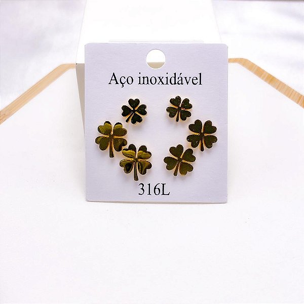 CARTELA TRIO DE BRINCOS AÇO INOXIDÁVEL TREVO -DOURADO