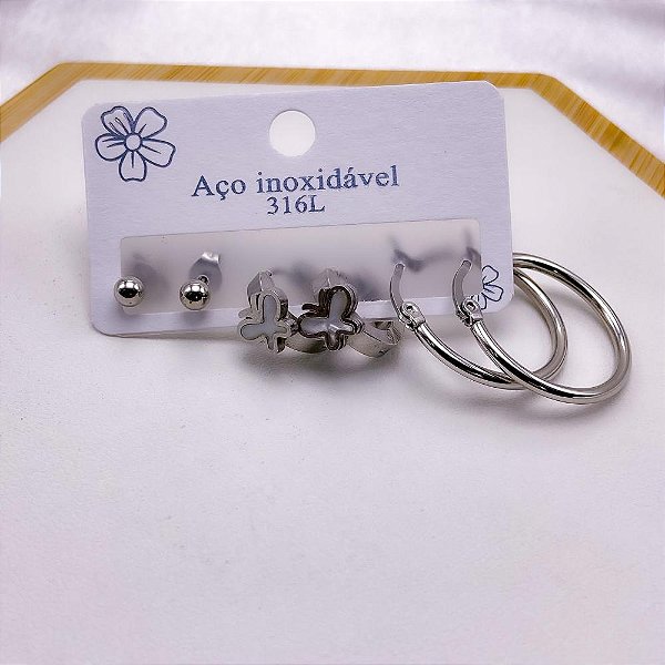 CARTELA TRIO DE BRINCOS ACO INOXIDÁVEL  ARGOLINHA CLICK BORBOLETA PEROLADA - PRATEADO