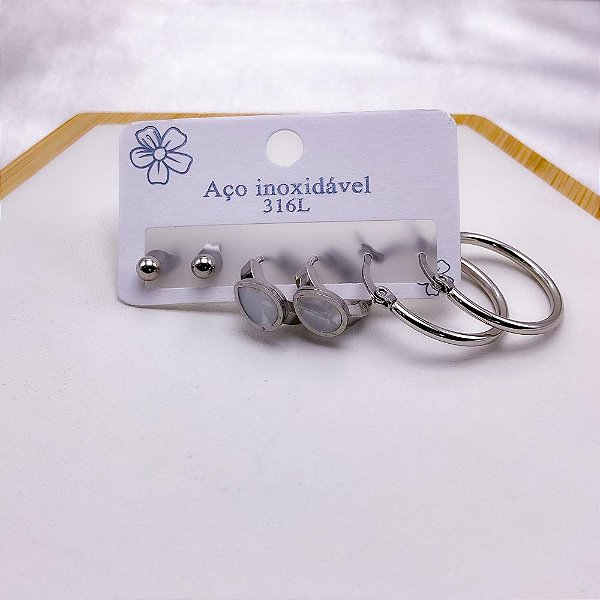 CARTELA TRIO DE BRINCOS ACO INOXIDÁVEL  ARGOLINHA CLICK GOTA PEROLADA - PRATEADO