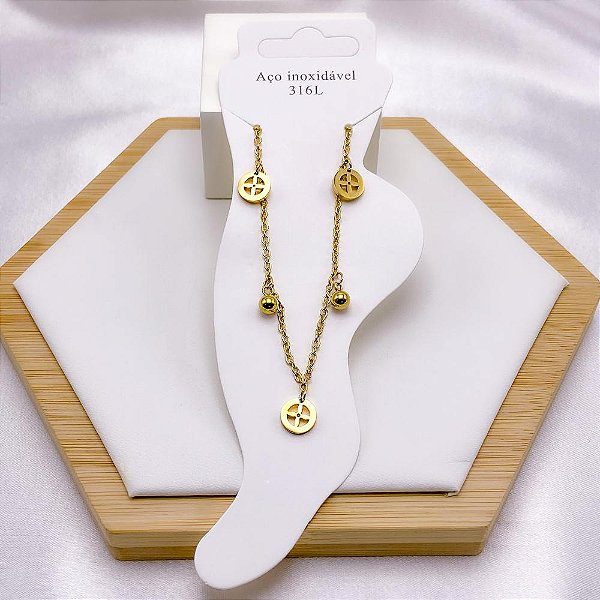 TORNOZELEIRA AÇO INOX PINGENTE TREVO E BOLINHAS - DOURADA