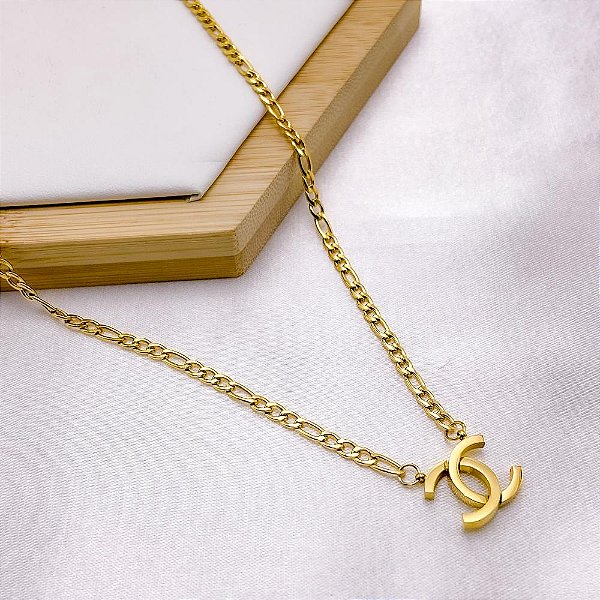 COLAR AÇO INOXIDÁVEL 45CM ELO FÍGARO PINGENTE INSPIRE-SE - DOURADO