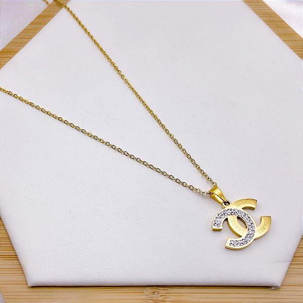 COLAR AÇO INOXIDÁVEL 45CM PINGENTE INSPIRE-SE CRAVEJADO - DOURADO