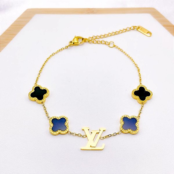 PULSEIRA AÇO INOXIDÁVEL PINGENTES  TREVO PRETO - DOURADA