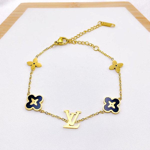 PULSEIRA AÇO INOXIDÁVEL PINGENTES  TREVO PRETO - DOURADA