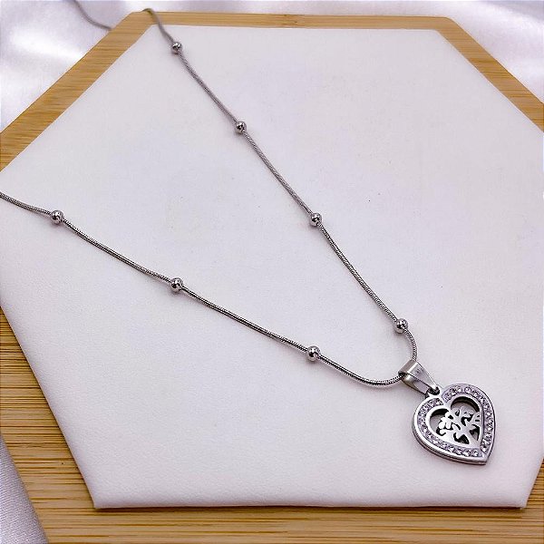 COLAR AÇO INOXIDÁVEL 45CM BOLINHAS PINGENTE CORAÇÃO STRASS ÁRVORE DA VIDA - PRATEADO