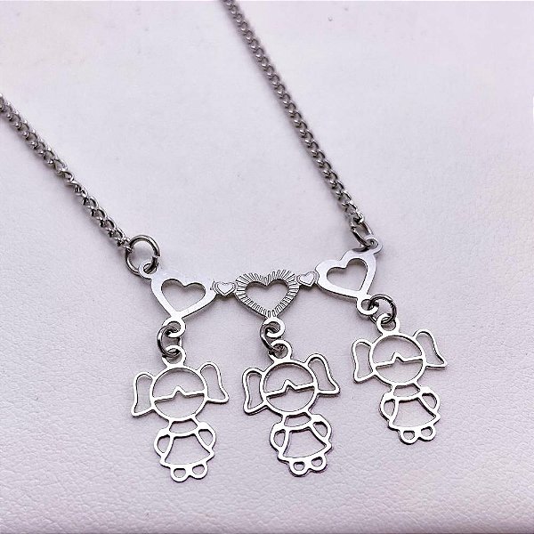 COLAR AÇO INOXIDÁVEL 45CM PINGENTE 3 MENINAS - PRATEADO