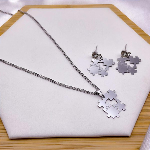 CONJUNTO COLAR  E BRINCO AÇO INOX  PINGENTE AUTISMO - PRATEADO