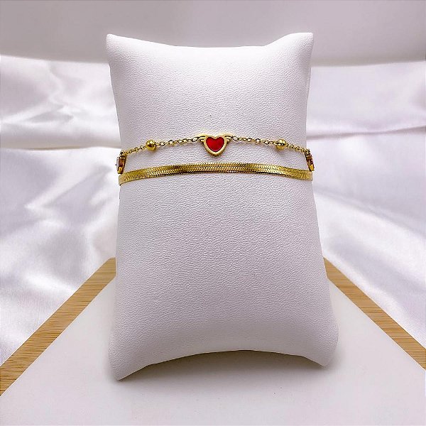 PULSEIRA AÇO INOXIDÁVEL DUPLA PINGENTE CORAÇÃO VERMELHO - DOURADA
