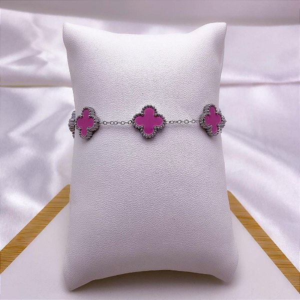 PULSEIRA AÇO INOX TREVO ROSA - PRATEADA