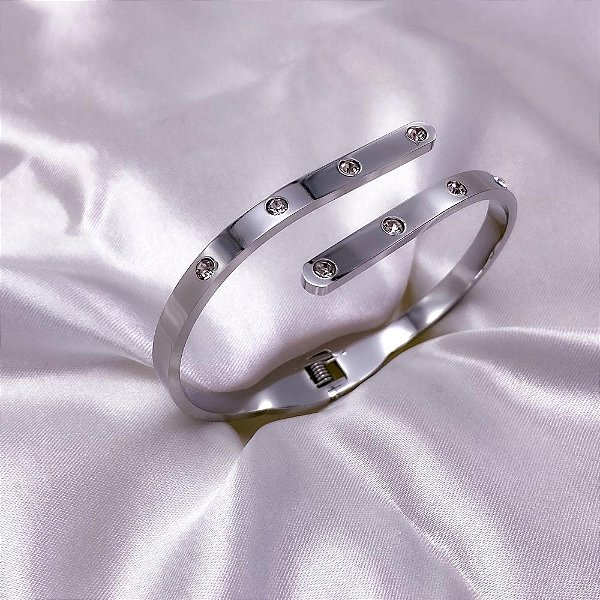BRACELETE AÇO INOXIDÁVEL CRAVEJADO PEDRAS CRISTAL - PRATEADO