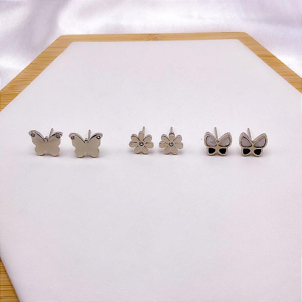 CARTELA BRINCO TRIO  AÇO INOXIDÁVEL BORBOLETA PEROLADA - PRATEADA