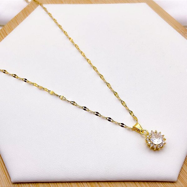 COLAR AÇO INOXIDÁVEL 45CM PINGENTE BANHADO SOL PEDRA CRISTAL CRAVEJADO STRASS - DOURADO