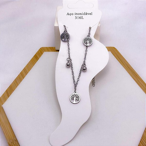 TORNOZELEIRA AÇO INOX PINGENTE ÁRVORE DA VIDA E BOLINHAS - PRATEADA