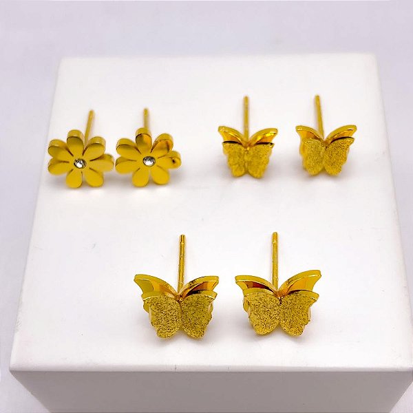 CARTELA BRINCO TRIO  AÇO INOXIDÁVEL BORBOLETA DIAMANTADA - DOURADO