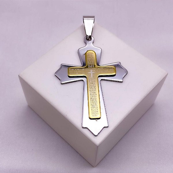 PINGENTE AÇO INOXIDÁVEL CRUCIFIXO ORAÇÃO PAI NOSSO - DUO COLORS
