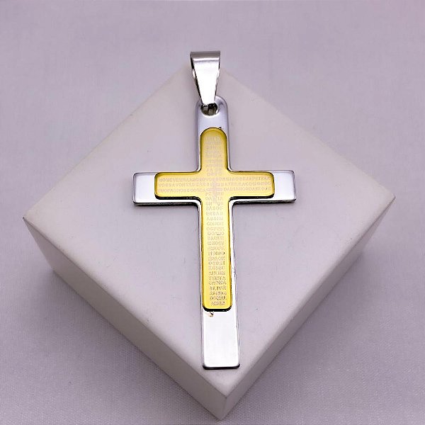 PINGENTE AÇO INOXIDÁVEL CRUCIFIXO ORAÇÃO PAI NOSSO - DUO COLORS