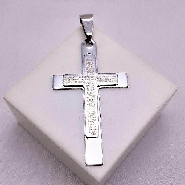 PINGENTE AÇO INOXIDÁVEL CRUCIFIXO ORAÇÃO PAI NOSSO - PRATEADO