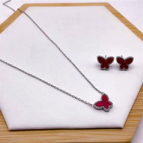 CONJUNTO COLAR  E BRINCO AÇO BORBOLETA VERMELHO - PRATEADO
