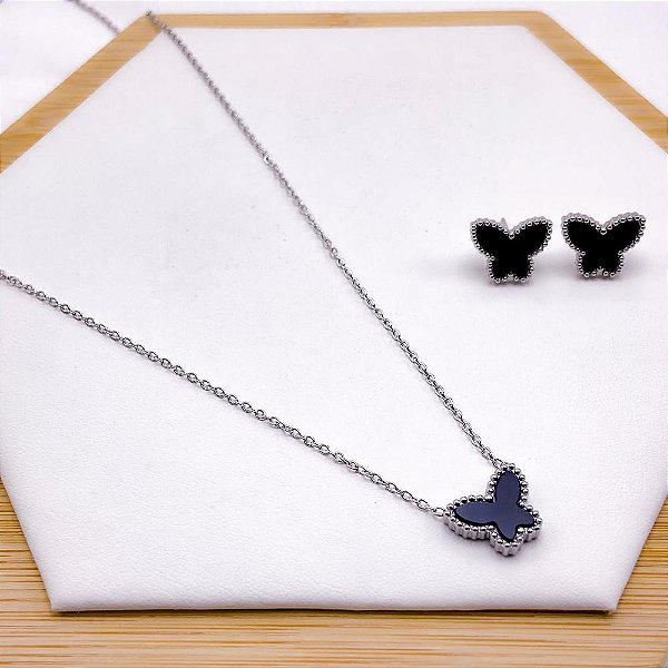 CONJUNTO COLAR  E BRINCO AÇO BORBOLETA PRETO - PRATEADO