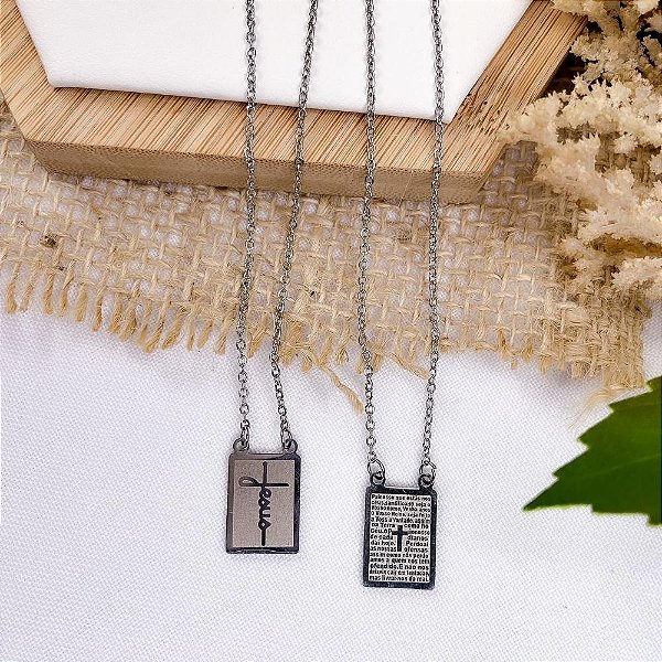 ESCAPULÁRIO DE AÇO INOX 50 CM  JESUS  PAI NOSSO - PRATEADO