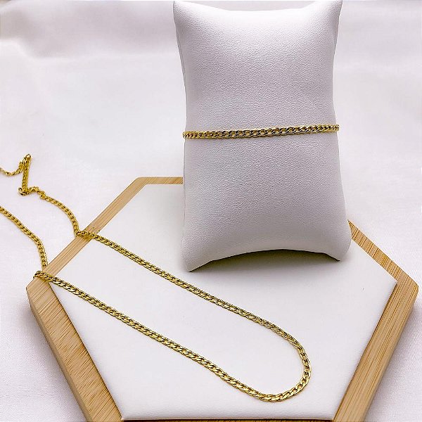 KIT CORRENTE E PULSEIRA GRUMET 0.8MM AÇO INOX - DOURADA