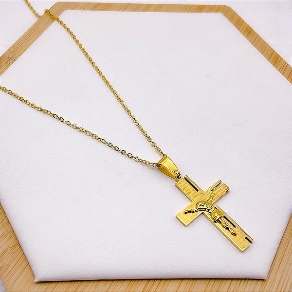 COLAR AÇO INOXIDÁVEL 45CM PINGENTE CRUCIFIXO JESUS - DOURADO