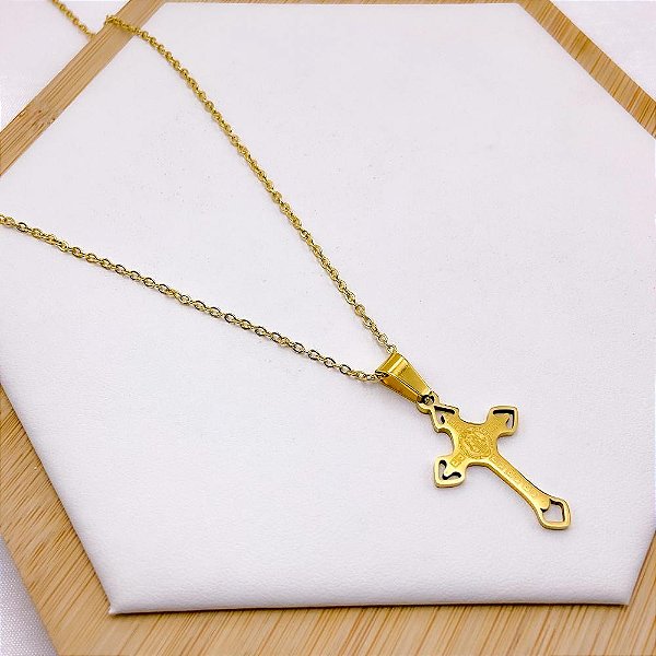 COLAR AÇO INOXIDÁVEL 45CM PINGENTE CRUCIFIXO SÃO BENTO - DOURADO