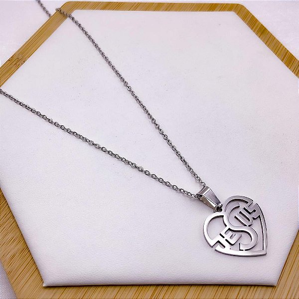 COLAR AÇO INOXIDÁVEL 45CM PINGENTE CORAÇÃO JESUS - PRATEADO