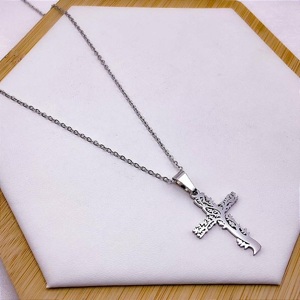 COLAR AÇO INOXIDÁVEL 45CM PINGENTE CRUZ ÁRVORE DA VIDA - PRATEADO
