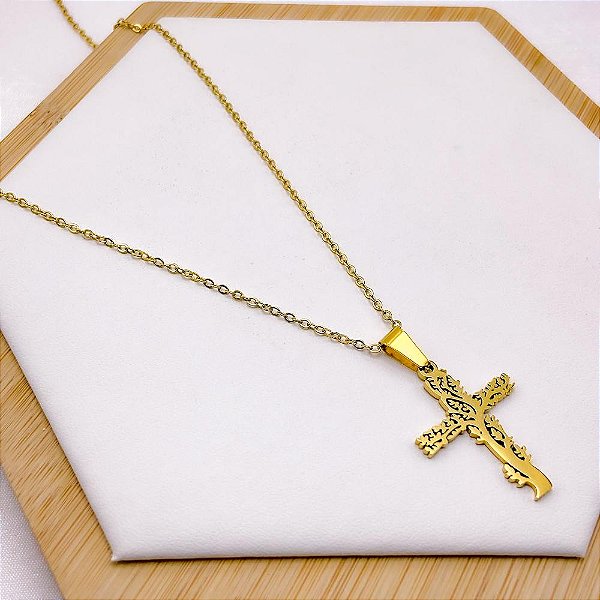 COLAR AÇO INOXIDÁVEL 45CM PINGENTE CRUZ ÁRVORE DA VIDA - DOURADO
