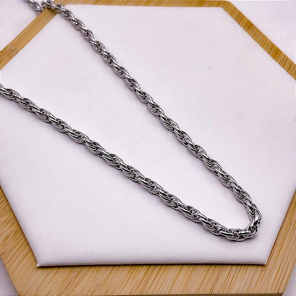 CORRENTE AÇO INOXIDÁVEL 60CM ELOS TRANÇADOS 3.0MM - PRATEADA