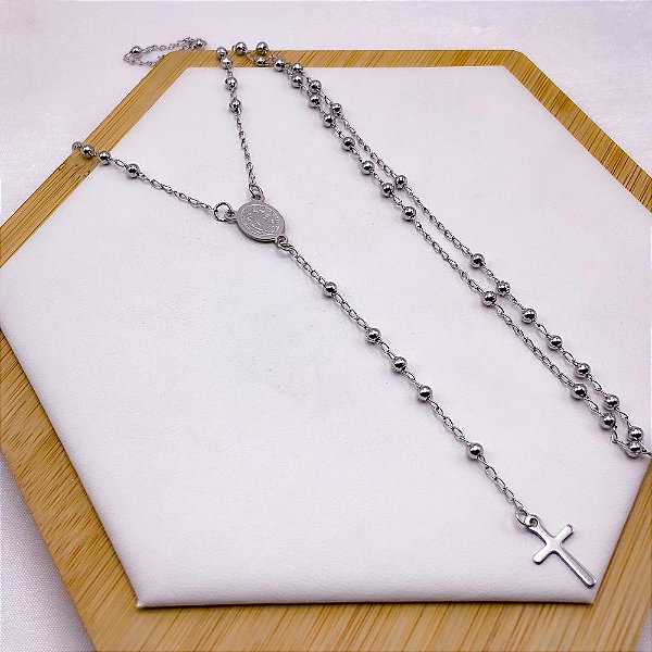 TERÇO BOLINHAS 60CM AÇO INOXIDÁVEL SÃO BENTO - PRATEADO